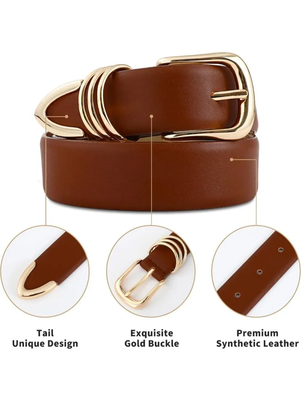 Women Brown Leather Dress Belt For Pants Jeans Fashion With Classic Gold Buckle